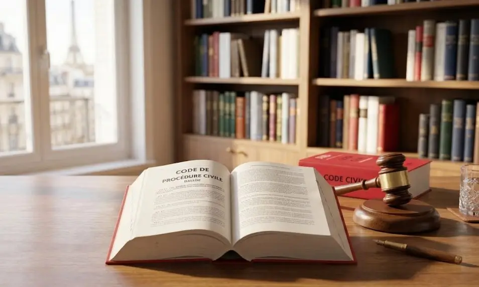 Un ouvrage de droit ouvert sur un bureau, devant une bibliothèque